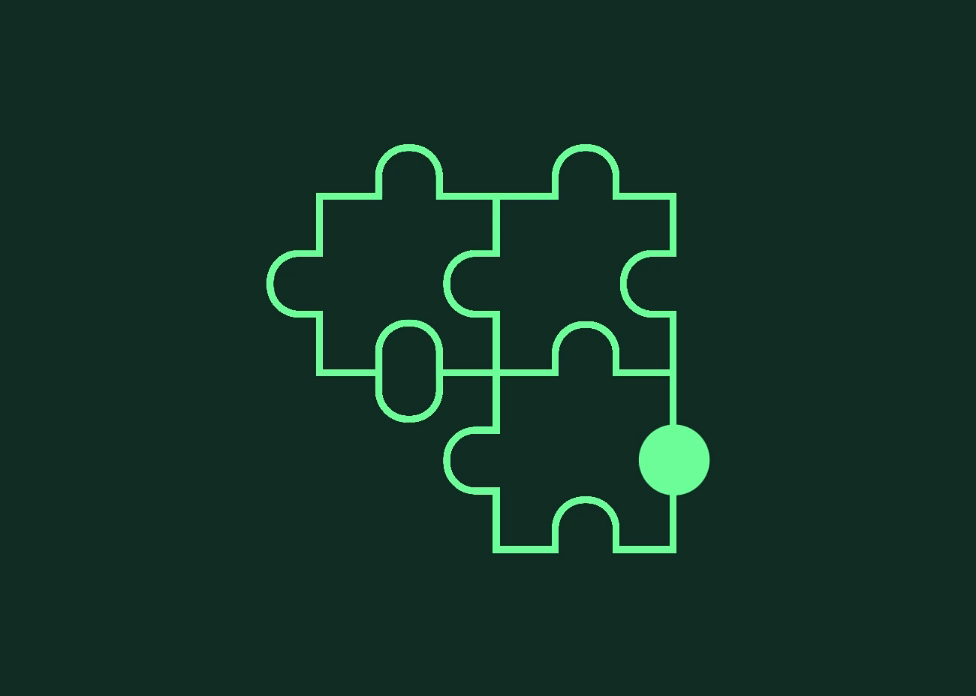 Eine Animation der Logovarianten: Das Neongrüne Bildzeichen, bestehend aus den Outlines von drei zusammengesetzten Puzzleteilen, einem in die Puzzleteile eingepassten Kreis und einem Oval, auf dunkelgrünem Grund. Der Kreis ist neongrün ausgefüllt und pocht.