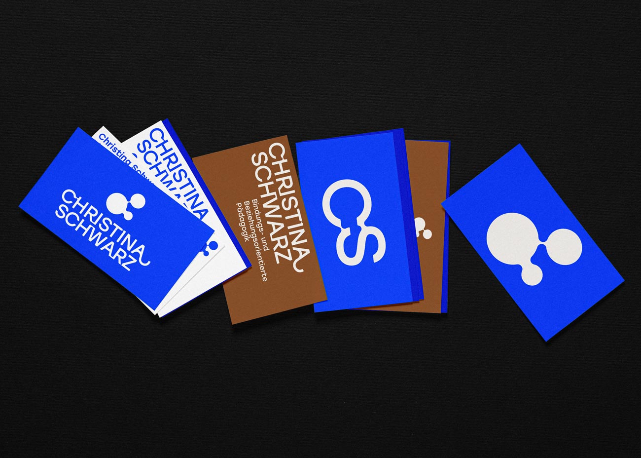 Mehrere Visitenkarten liegen hochkant nebeneinander auf dunklem Grund. Darauf einige der verschiedenen Logovarianten. Die CI-Farben sind gut erkennbar: Blau, weiß und ein rötliches Braun.