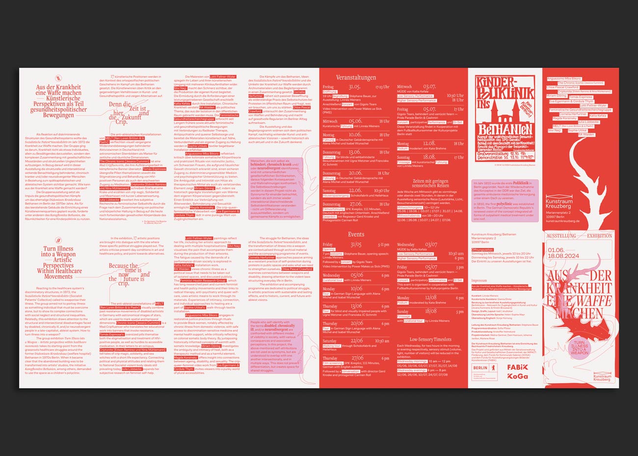 Die Flyer-Seite ausgebreitet und vollformatig auf dunklem Grund. Die roten, rosanen und weißen Bereiche sind erkennbar.