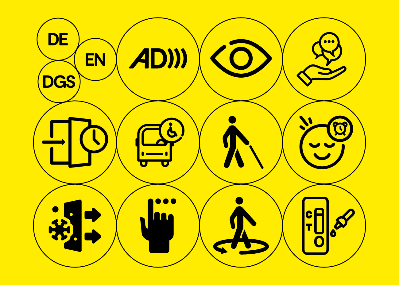 Zwölf schwarz-weiße Piktogramme auf gelbem Grund, darunter Symbole für Gebärdensprache, Audiodeskription, Sehbehinderung, Gesprächshilfe, barrierefreien Zugang, Rollstuhlbussymbol, Blindenstock, Erinnerung, Berührung, Rundgang und Farbauswahl.