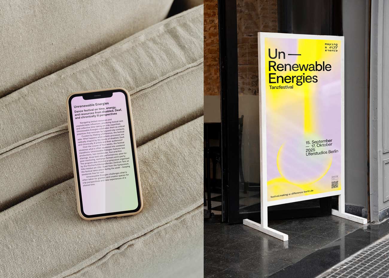 Links ein Smartphone mit Text zum Tanzfestival 'Un-Renewable Energies' auf einem hellen Stoffbezug. Rechts ein Plakat auf einem weißen Ständer mit gelb-schwarzem Text zum Tanzfestival 'Un-Renewable Energies' vom 15. September bis 3. Oktober 2025 im Uferstudios Berlin.