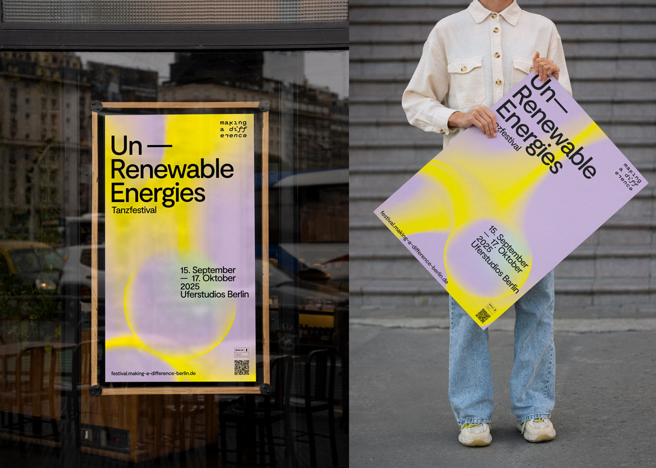 Zwei Fotos nebeneinander: Links ein Plakat mit gelb-lila Farbverlauf und Text zu 'Un—Renewable Energies Tanzfestival' vom 15. September bis 17. Oktober 2023 in Berlin. Rechts eine Person in heller Jacke und Jeans hält dasselbe Plakat schräg vor dem Körper.