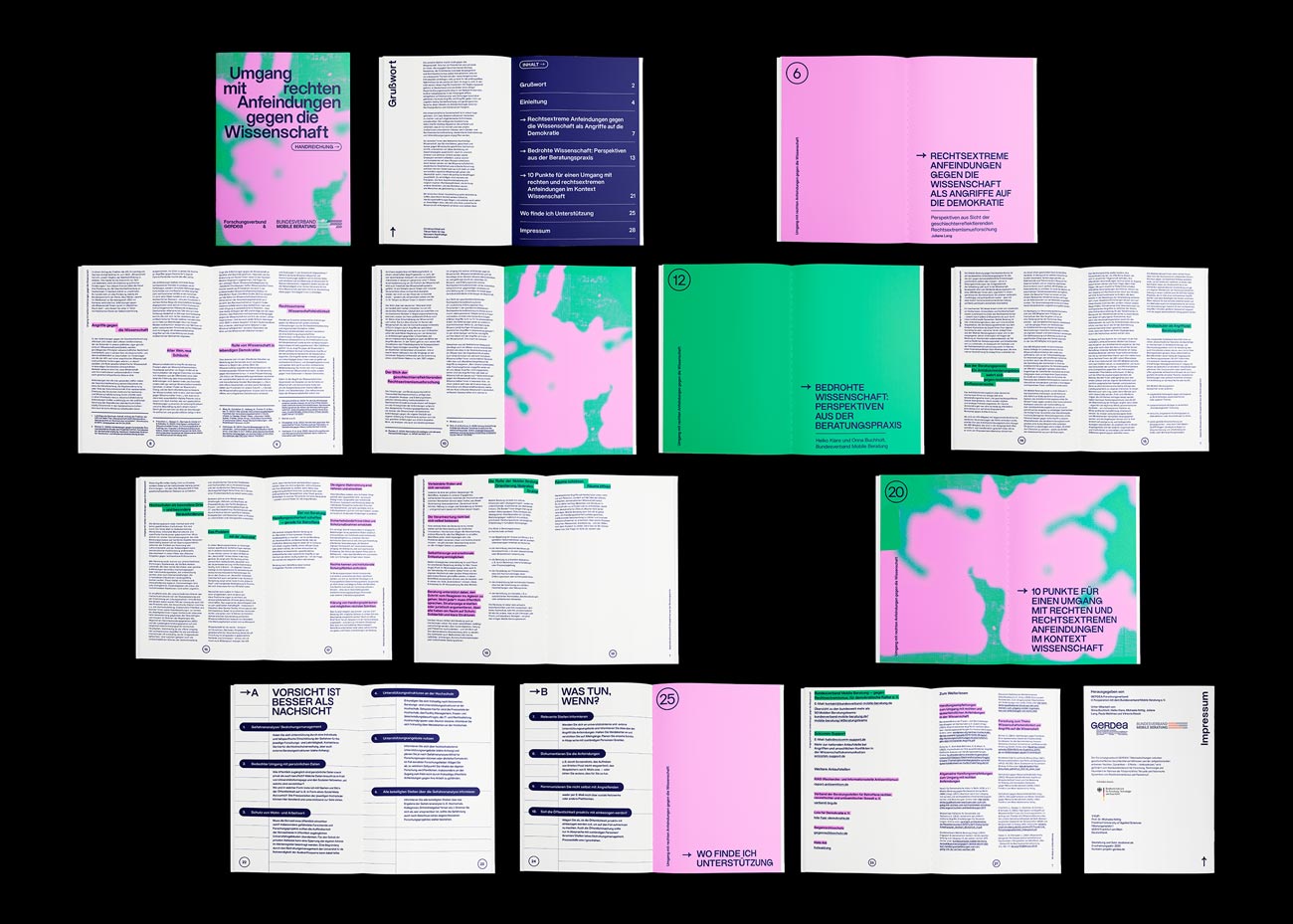 Mehrere geöffnete Seiten einer Publikation liegen auf schwarzem Hintergrund. Die Seiten zeigen ein Layout mit farbigen Flächen in Pink und Grün, kombiniert mit Text in Dunkelblau und Weiß. Einige Seiten enthalten große, abstrakte, organisch geformte Farbflächen. Der Text ist in Spalten angeordnet, teilweise mit hervorgehobenen Abschnitten in grüner oder pinker Farbe.