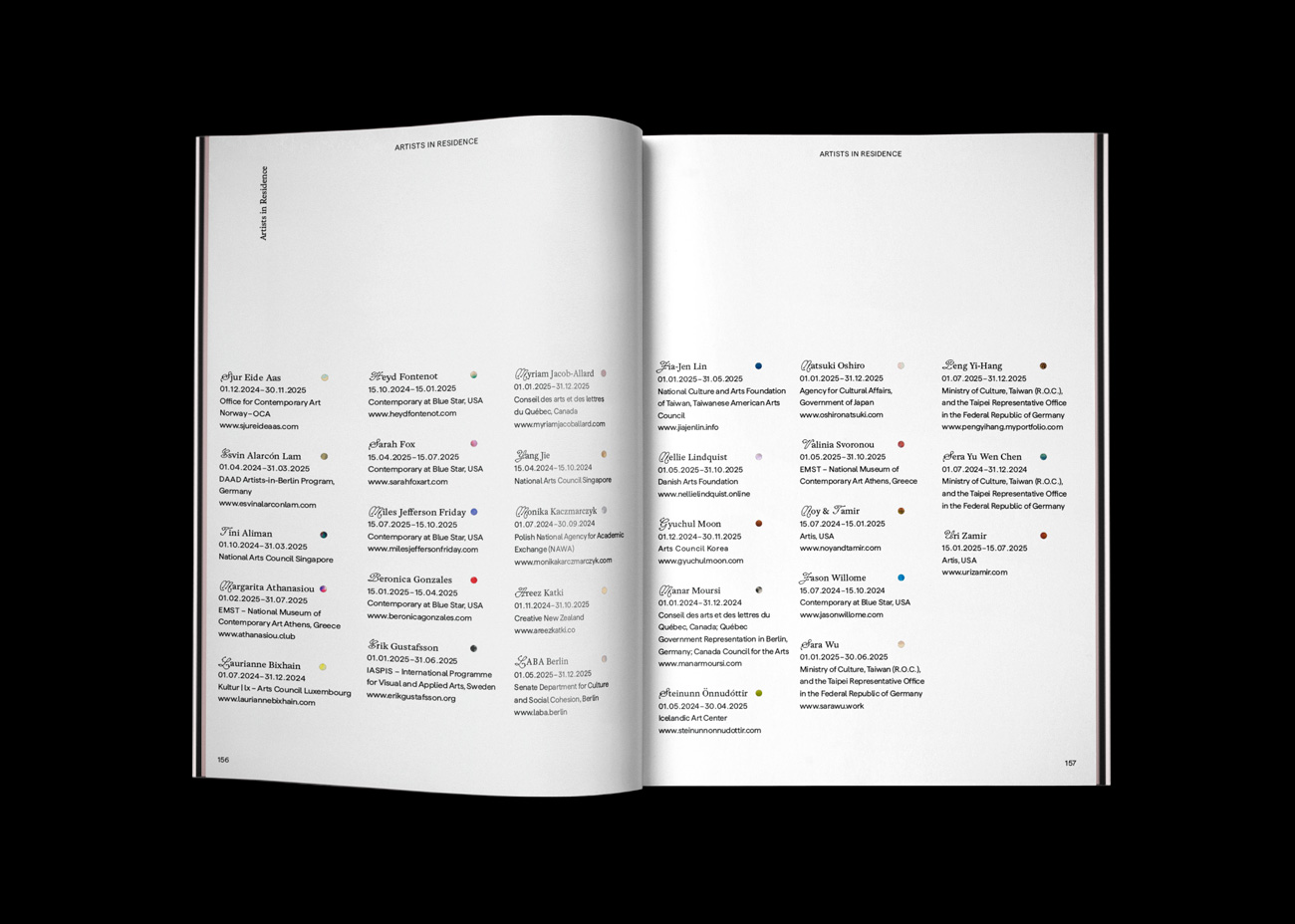 Eine Doppelseite des Magazins mit einem strukturierten Layout. Die Seiten sind weiß, der Text ist in schwarzer Schrift gesetzt. Die Inhalte sind in mehrere Spalten unterteilt, die durch großzügige Weißräume voneinander getrennt sind. Jede Spalte enthält kurze Textabschnitte, die durch kleine bunte Foto-Kreise hervorgehoben werden. Die Abschnitte sind durch unterschiedliche Schriftarten gegliedert. Am oberen Rand der Seiten befindet sich eine dezente Kopfzeile mit einer Kapitelbezeichnung.